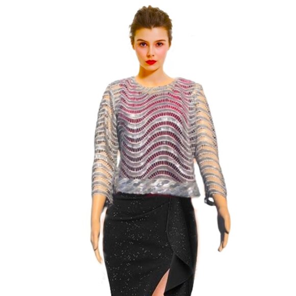 SHANI'S Stunning Silver Lace Sequined Semi-Sheer Wave Pattern Evening Top Sz 16 - Picture 2 of 5